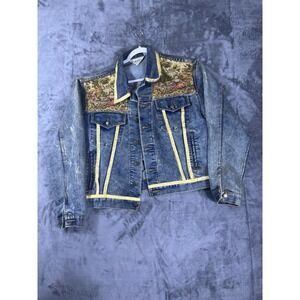 Vintage Windbreaker Denim Jacket XL Tapestry Floral Mixed Media Trucker Blue
